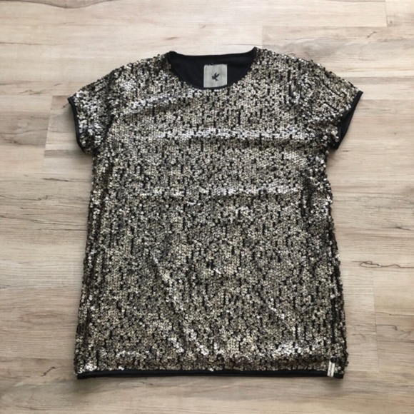 One Teaspoon Black and Gold Sequin Short Sleeve Top - Picture 1 of 9